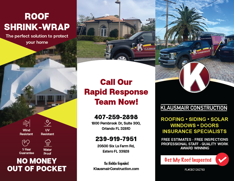 Klausmair Construction brochure frontside with truck, house, and contact information.