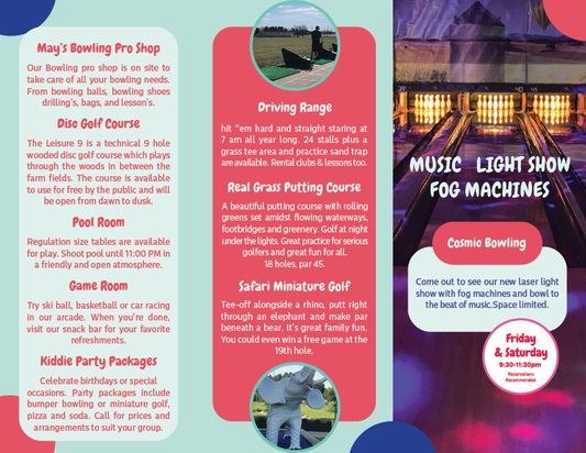 Leisure Lanes brochure backside displaying various activities and services offered at a bowling alley, including bowling, driving range, putting course, and more.