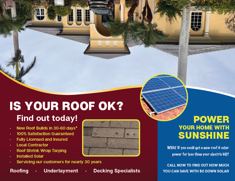 Klausmair Roofing brochure backside for roofing services and solar panel offer.