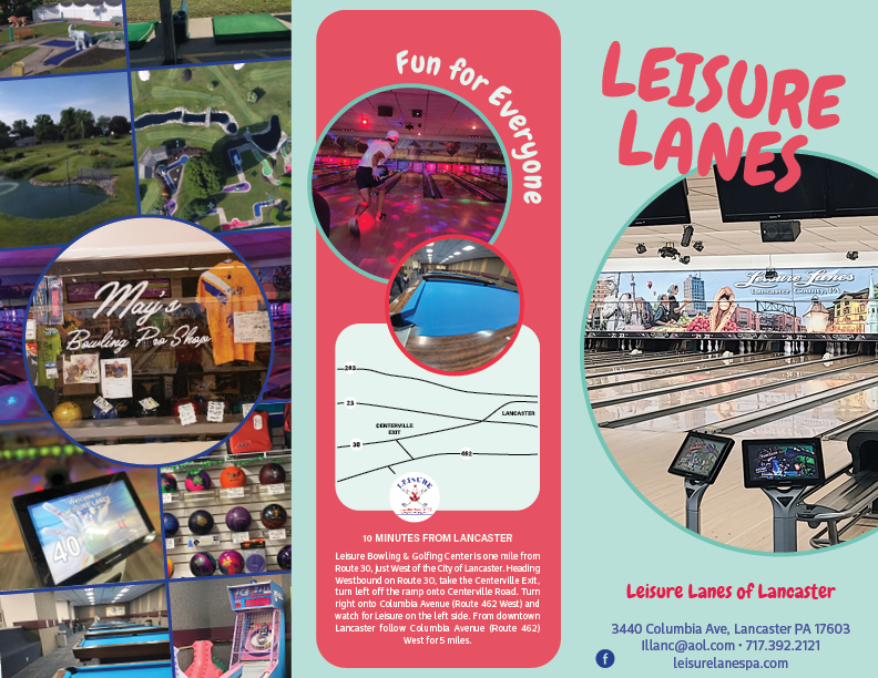 Brochure frontside for Leisure Lanes bowling center with entertainment images, map, and contact information.